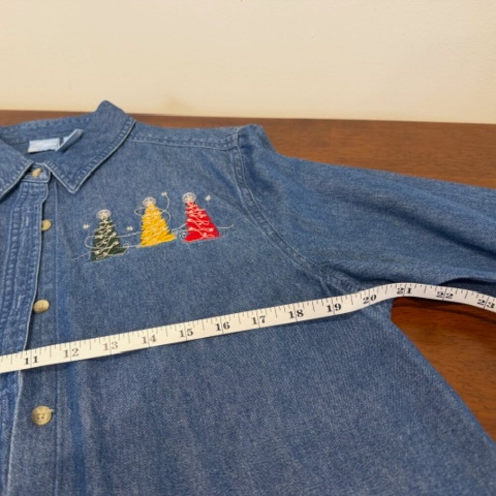 Vintage Holiday Appliqué Embroidered Blue Button-Down Shirt Size L. - Picture 11 of 13